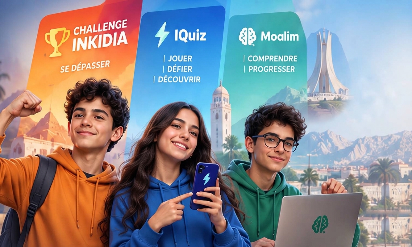 Trois élèves souriants devant les affiches Challenge, IQuizz et Moalim
