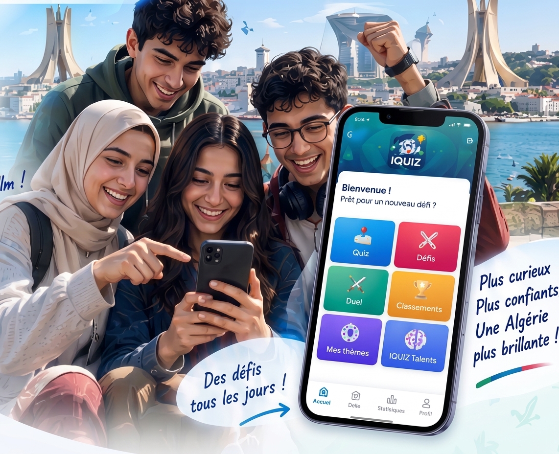Des élèves algériens jouent à IQUIZ sur leur téléphone devant Alger