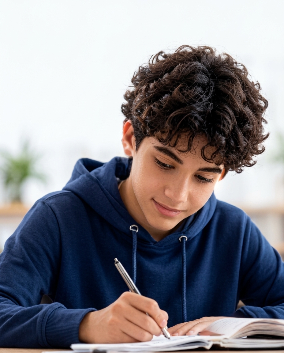 Un collégien qui écrit dans son cahier
