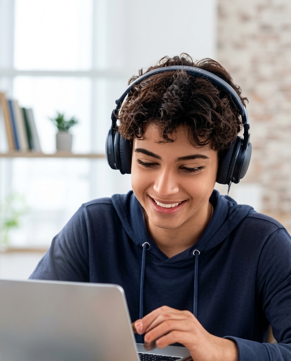 Un élève avec un casque devant son ordinateur
